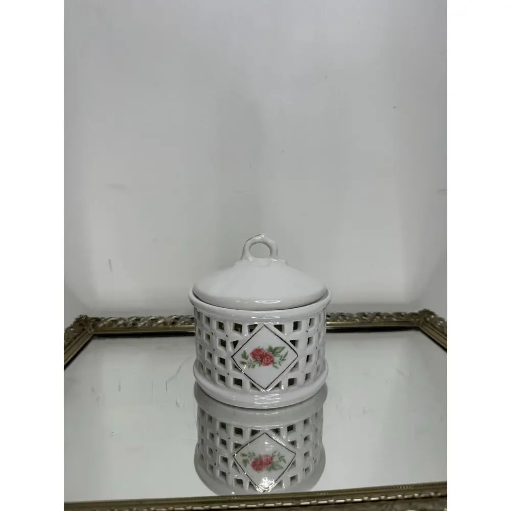 Beautiful Vintage Lattice Porcelain Floral Lidded Jar Vanity Trinket Dish